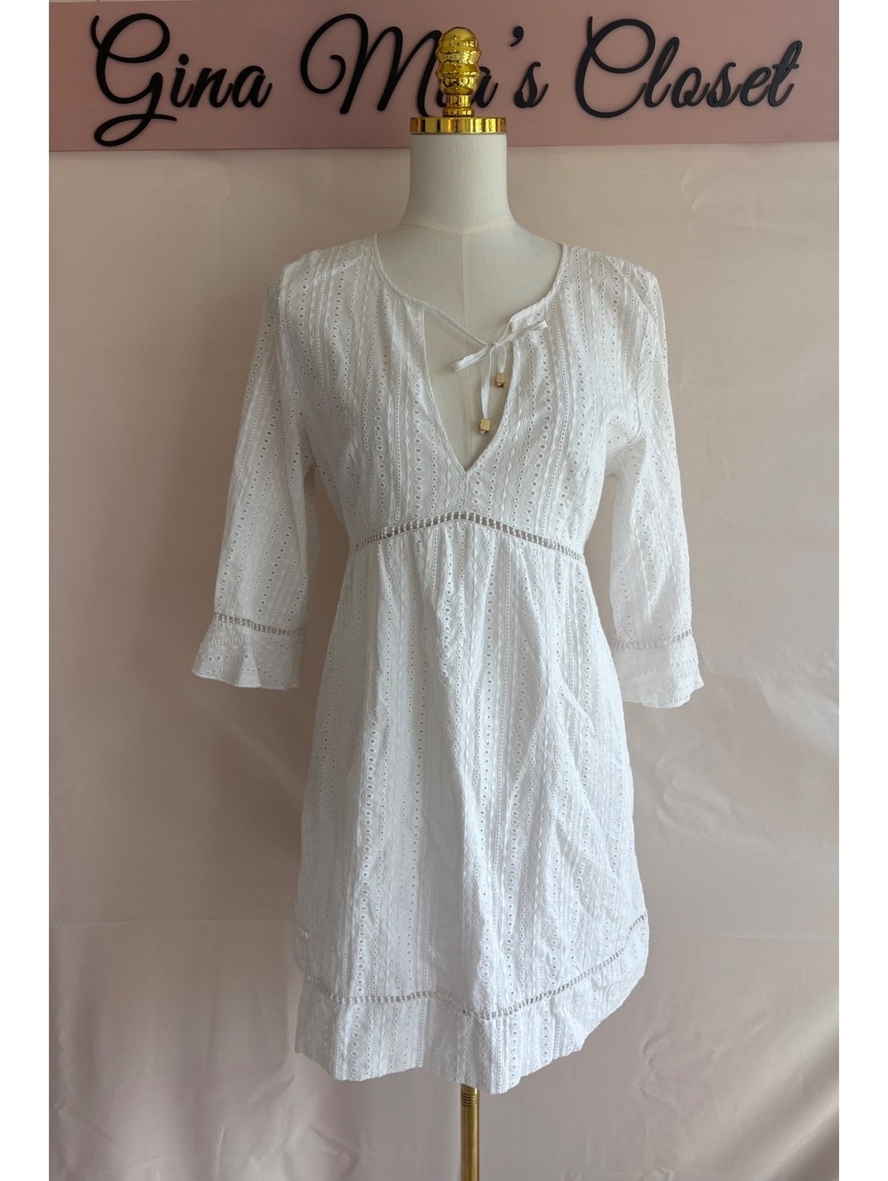 Heidi Klein White Eyelet Cotton Dress with Tie Waist, Size Large
